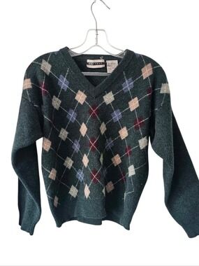 VINTAGE Retreat 100% Lambswool Argyle V Neck Sweater Size Large